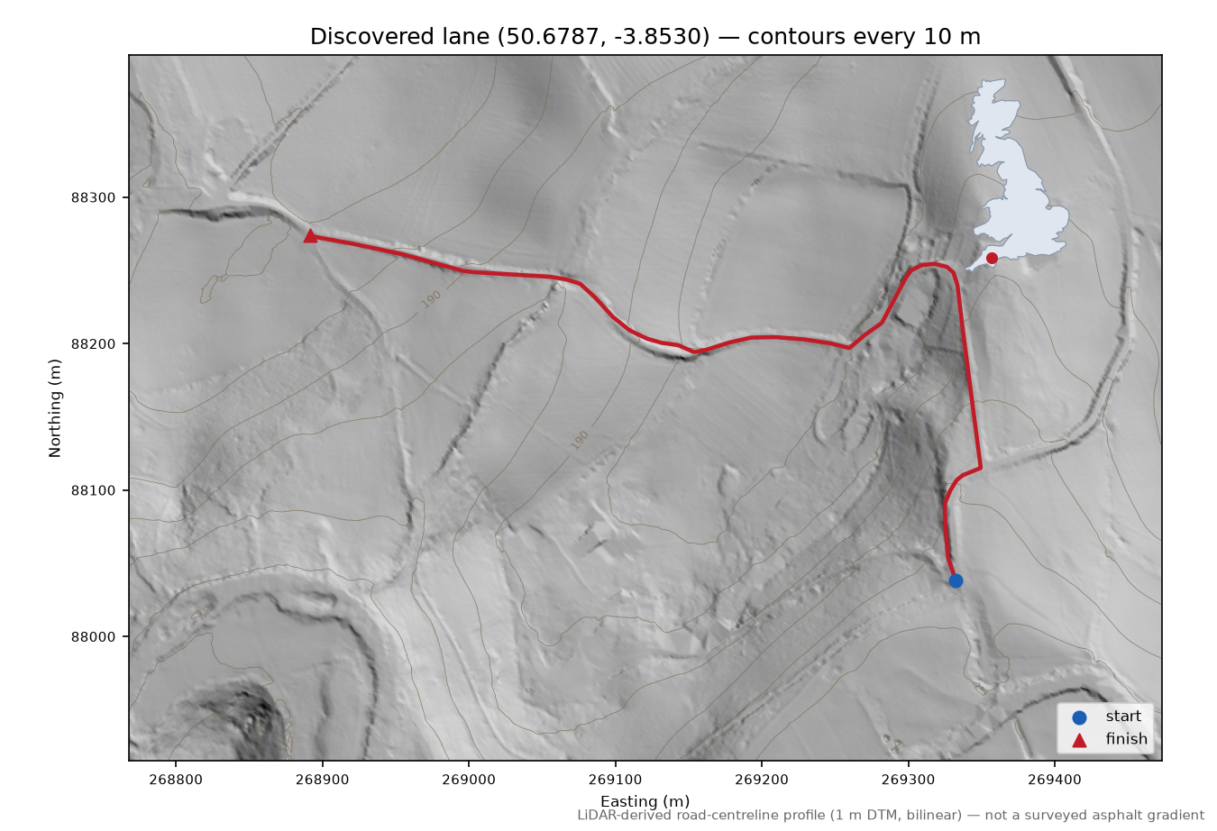 Lane near Murchington LiDAR hillshade map with contours