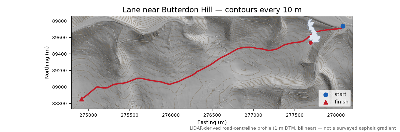 Lane near Butterdon Hill LiDAR hillshade map with contours