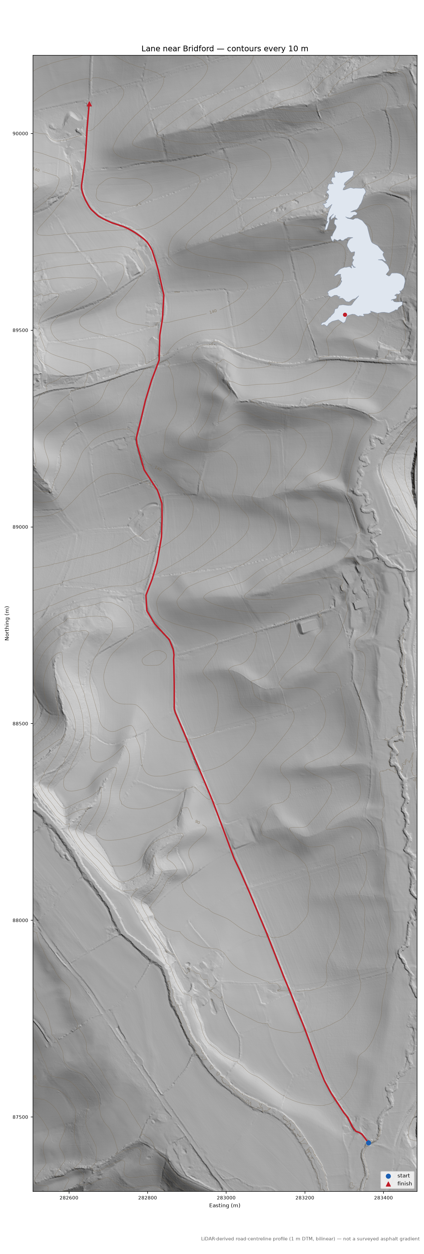 Lane near Bridford LiDAR hillshade map with contours
