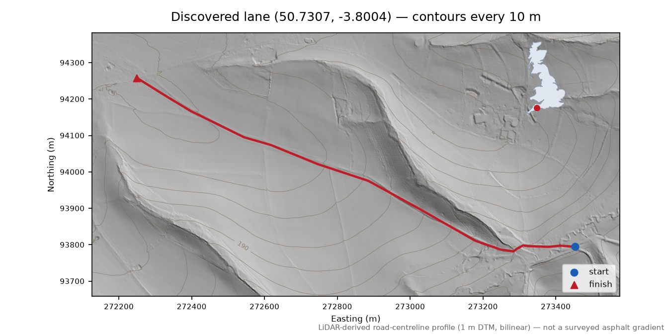 Lane near Hittisleigh LiDAR hillshade map with contours