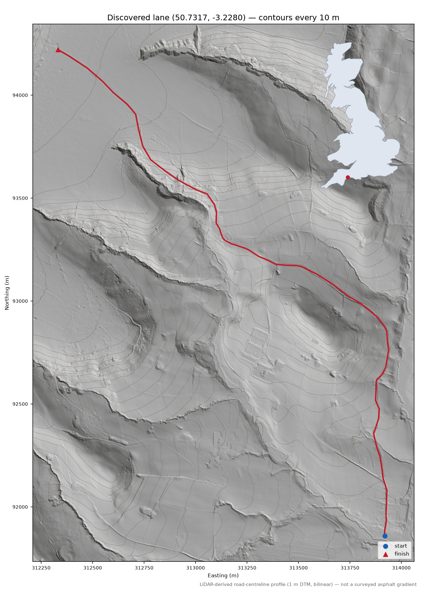 Sidbury to East Hill LiDAR hillshade map with contours