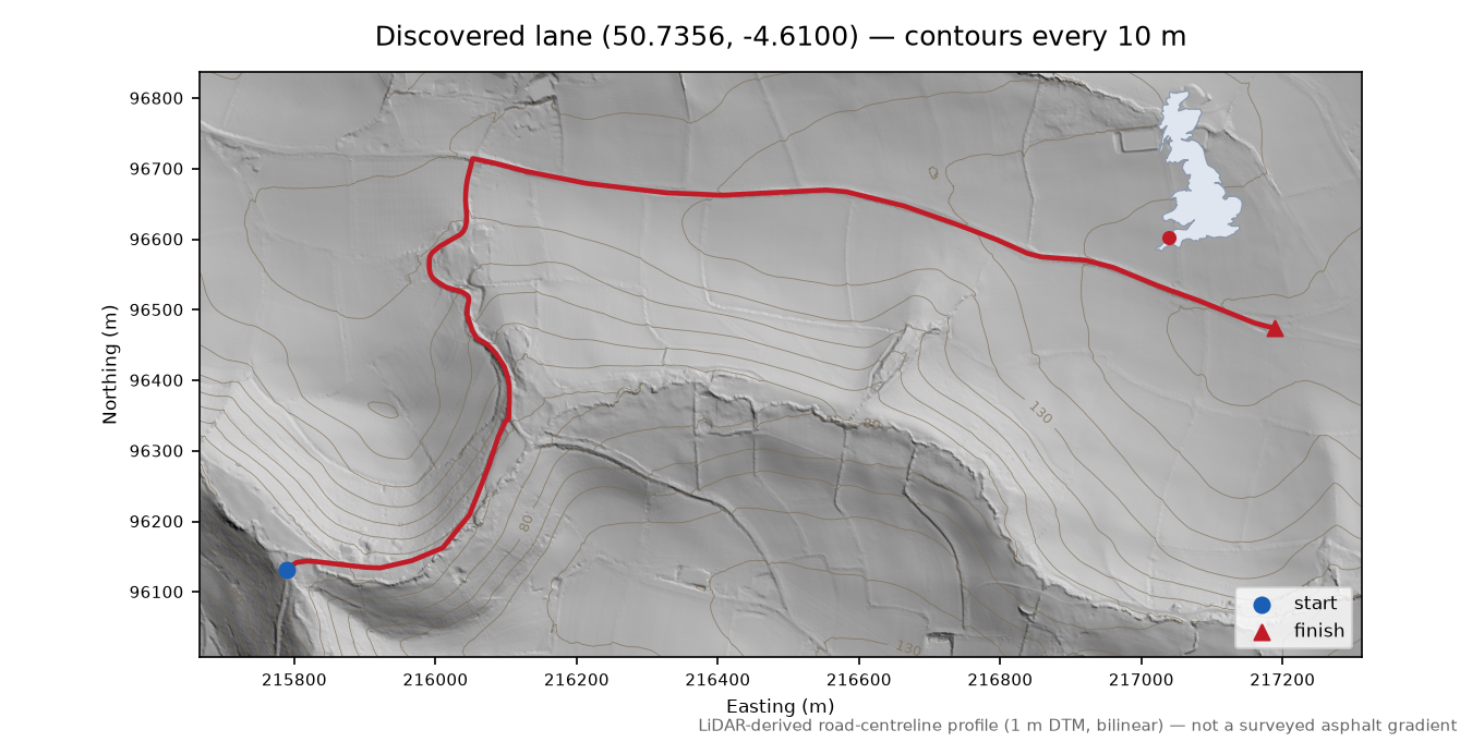 Lower Crackington to Rosecare LiDAR hillshade map with contours