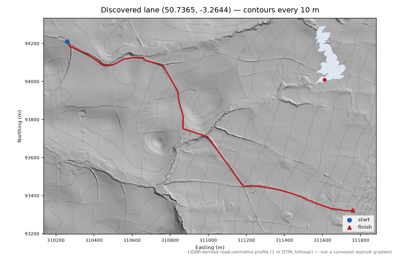 Wiggaton to Bald Hill LiDAR hillshade map with contours