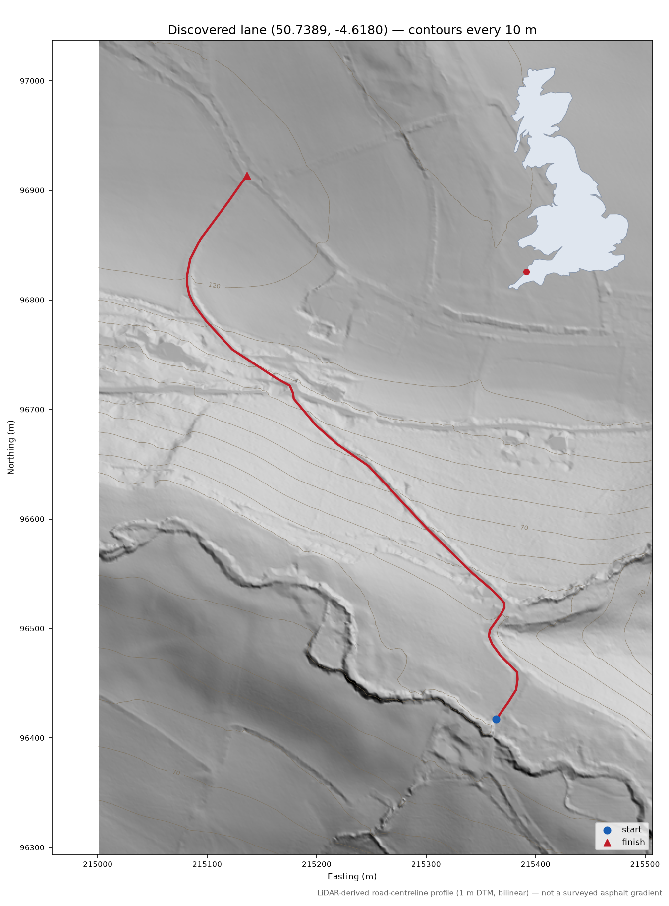 Middle Crackington to St Gennys LiDAR hillshade map with contours
