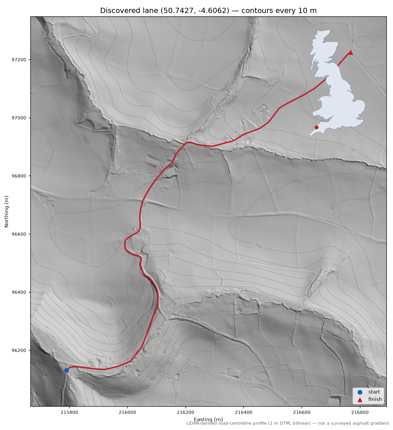Lower Crackington to Coxford LiDAR hillshade map with contours