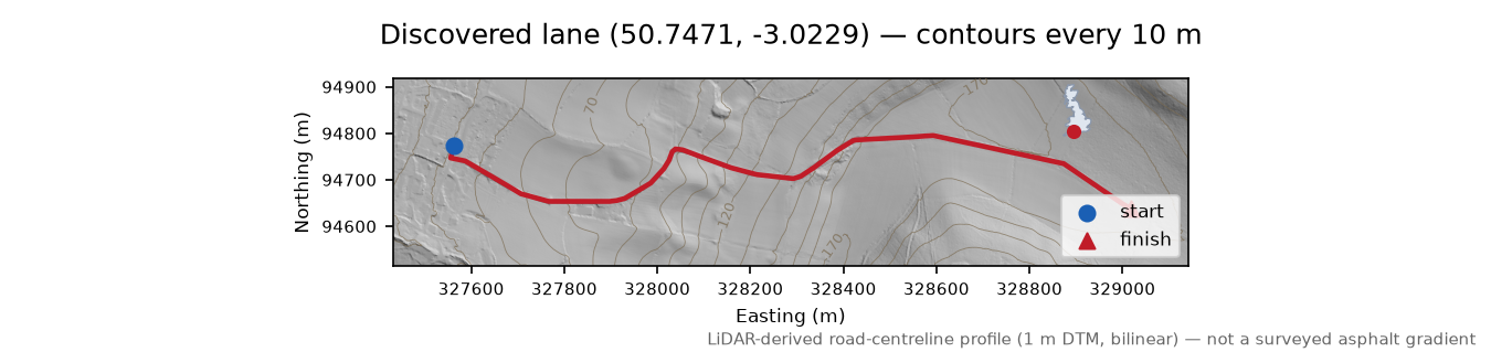Musbury to Edge Hill LiDAR hillshade map with contours