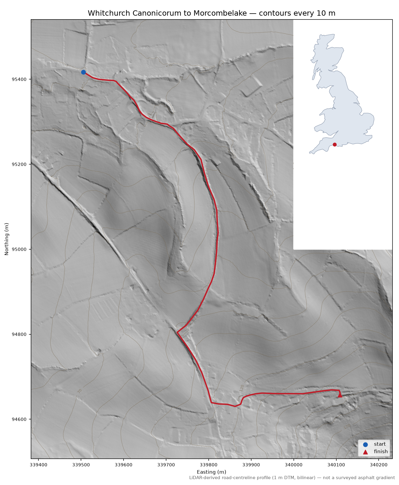 Whitchurch Canonicorum to Morcombelake LiDAR hillshade map with contours