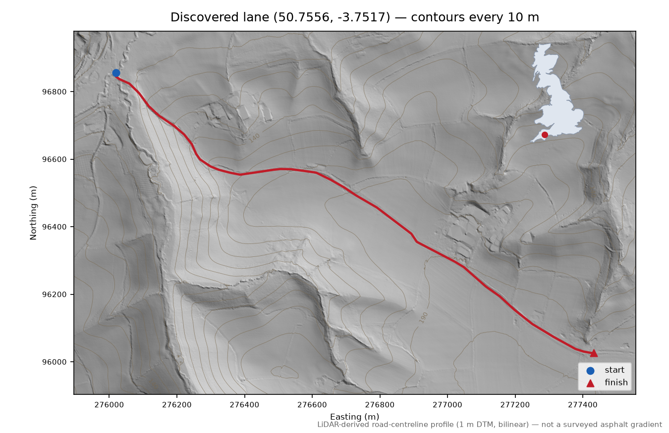 Lane near Woodland Head LiDAR hillshade map with contours