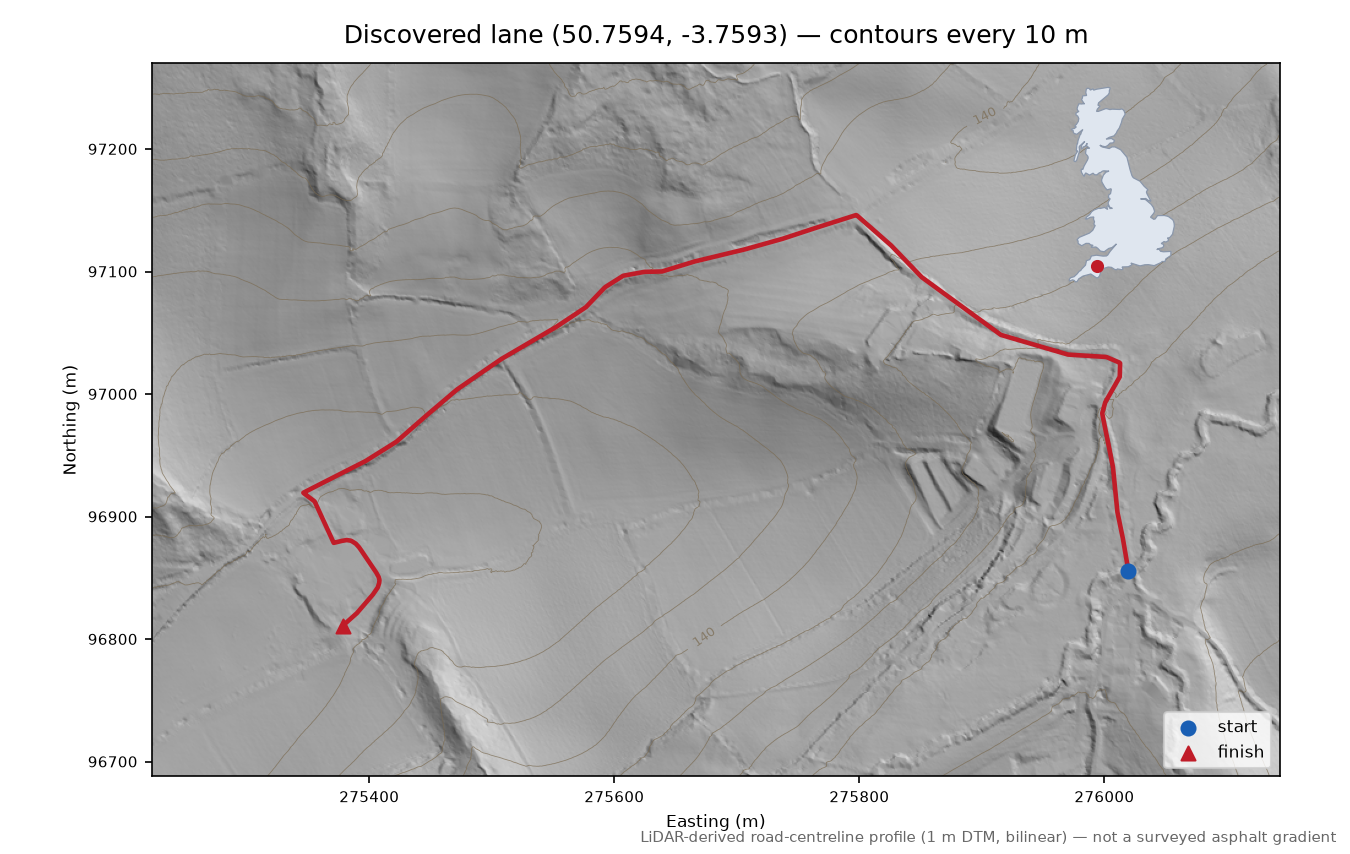 Lane near Woodland Head LiDAR hillshade map with contours