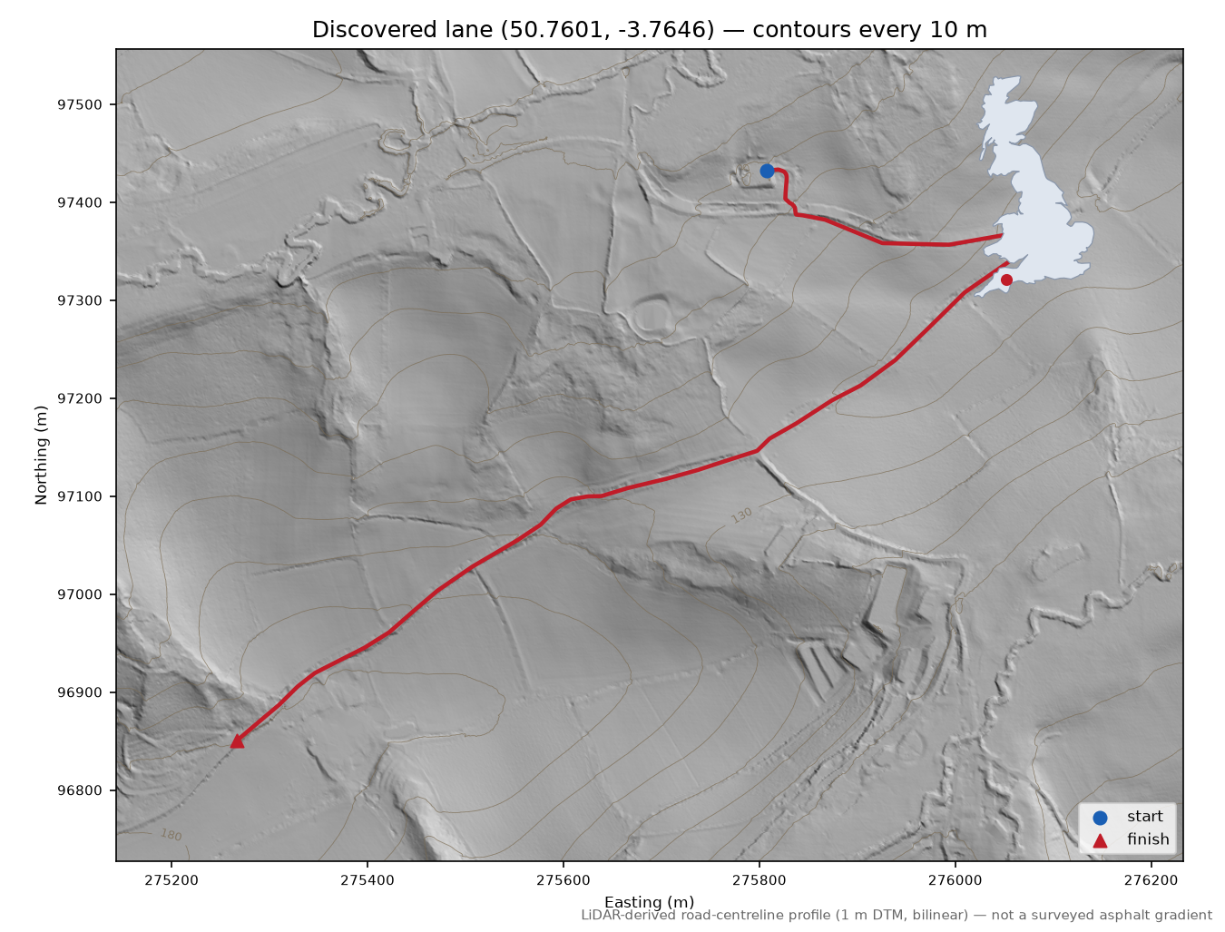 Discovered lane (50.7601, -3.7646) LiDAR hillshade map with contours