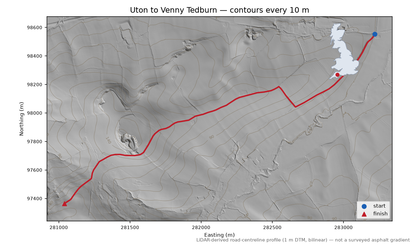 Uton to Venny Tedburn LiDAR hillshade map with contours
