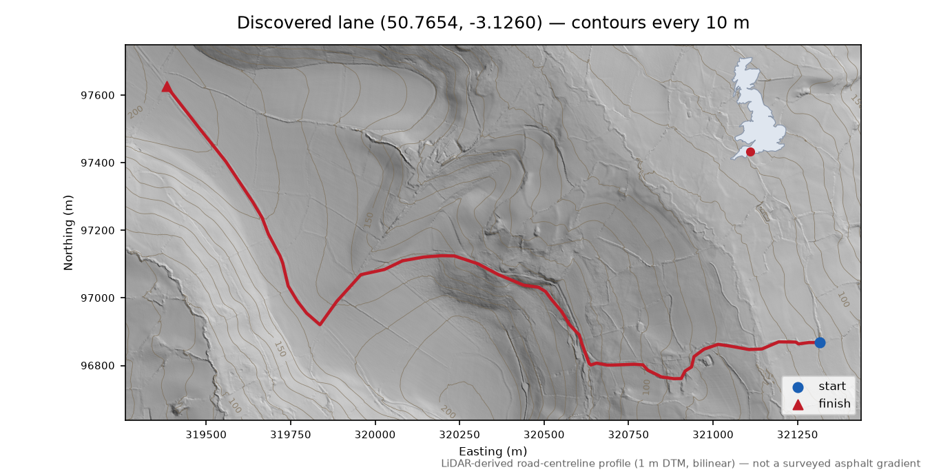 Ball Hill to Colwell LiDAR hillshade map with contours