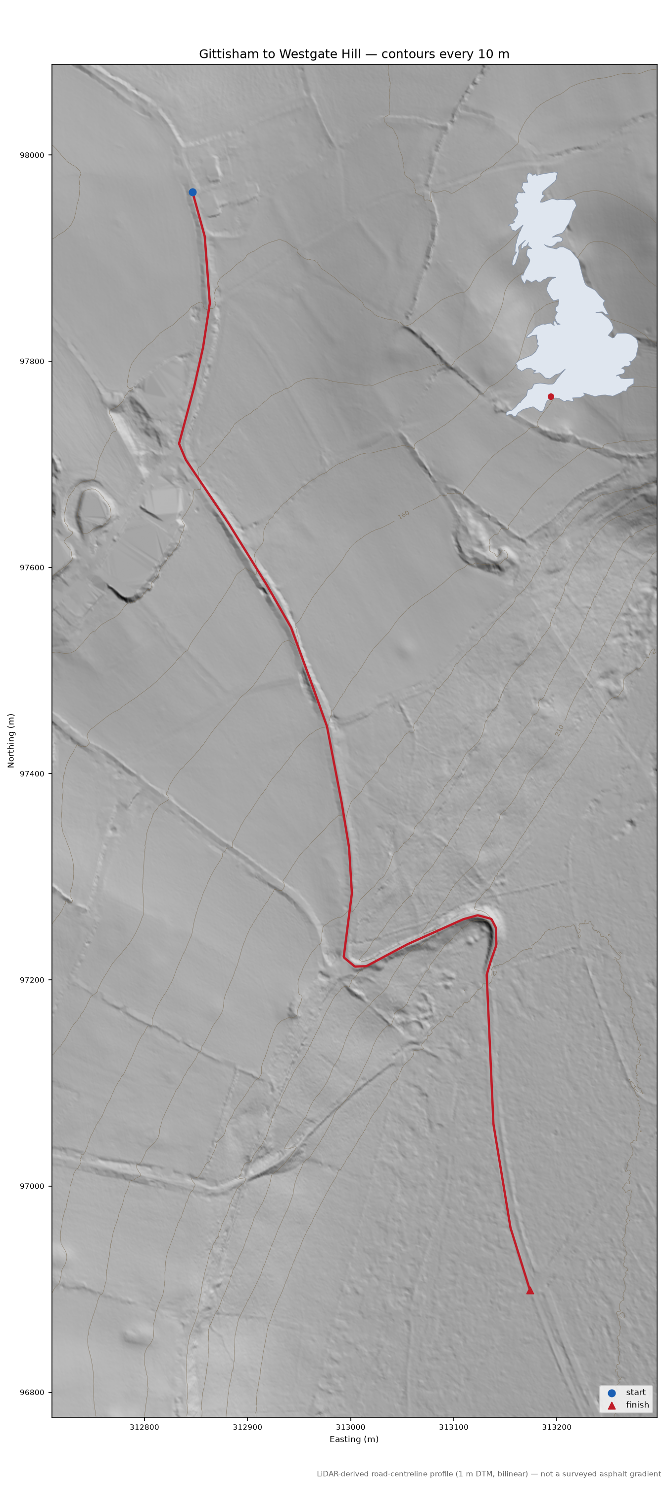 Gittisham to Westgate Hill LiDAR hillshade map with contours