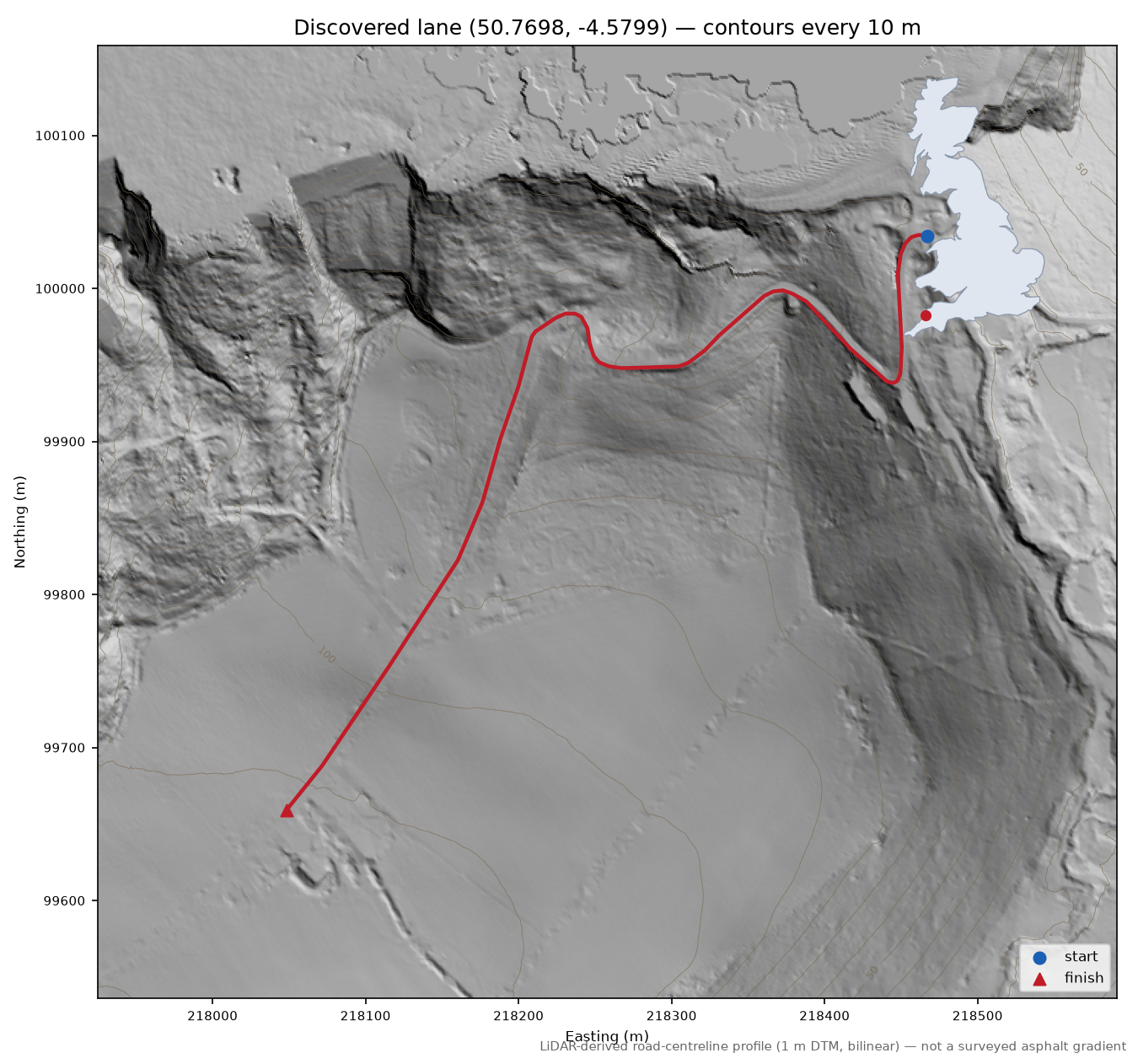 Millook Mouth to Raven's Beak LiDAR hillshade map with contours