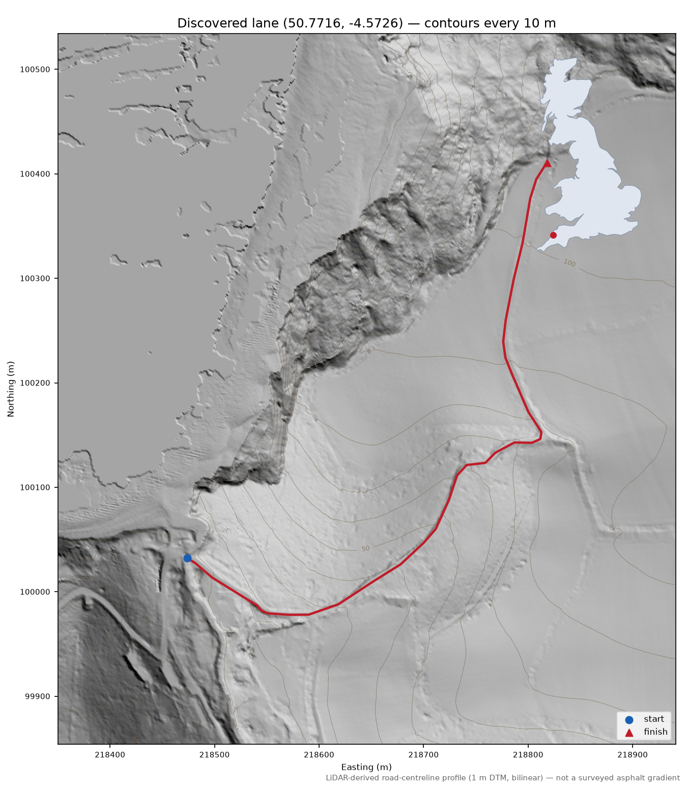 Millook Mouth to Bridwill Point LiDAR hillshade map with contours