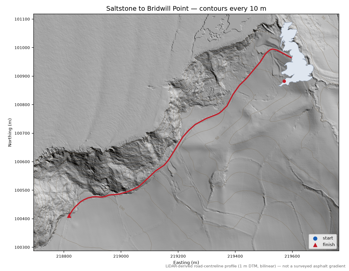 Saltstone to Bridwill Point LiDAR hillshade map with contours