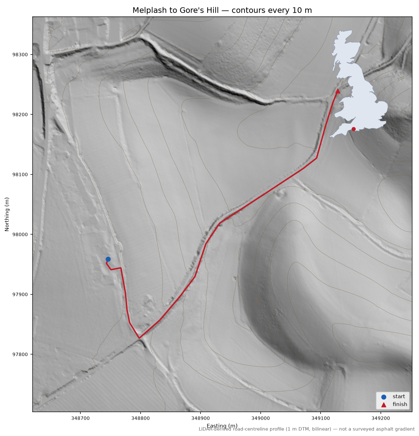 Melplash to Gore's Hill LiDAR hillshade map with contours