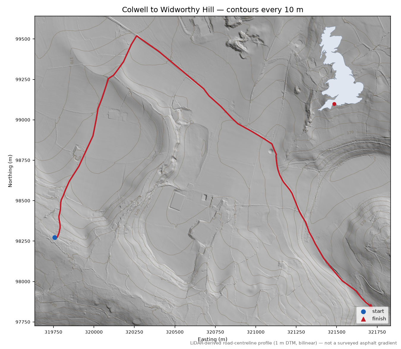Colwell to Widworthy Hill LiDAR hillshade map with contours
