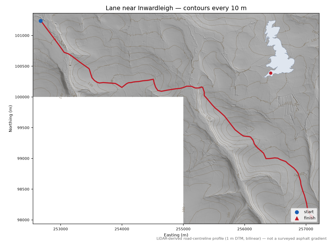 Lane near Inwardleigh LiDAR hillshade map with contours