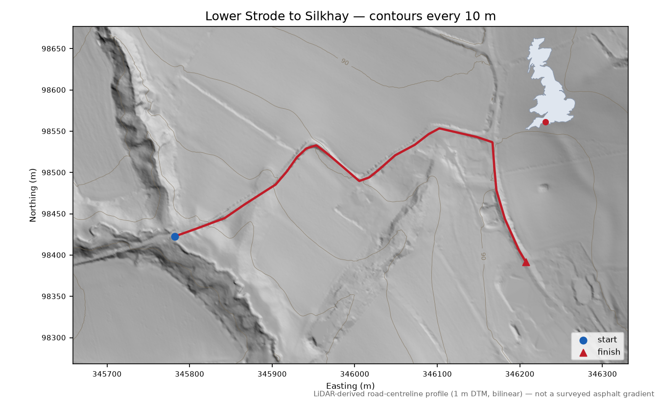 Lower Strode to Silkhay LiDAR hillshade map with contours