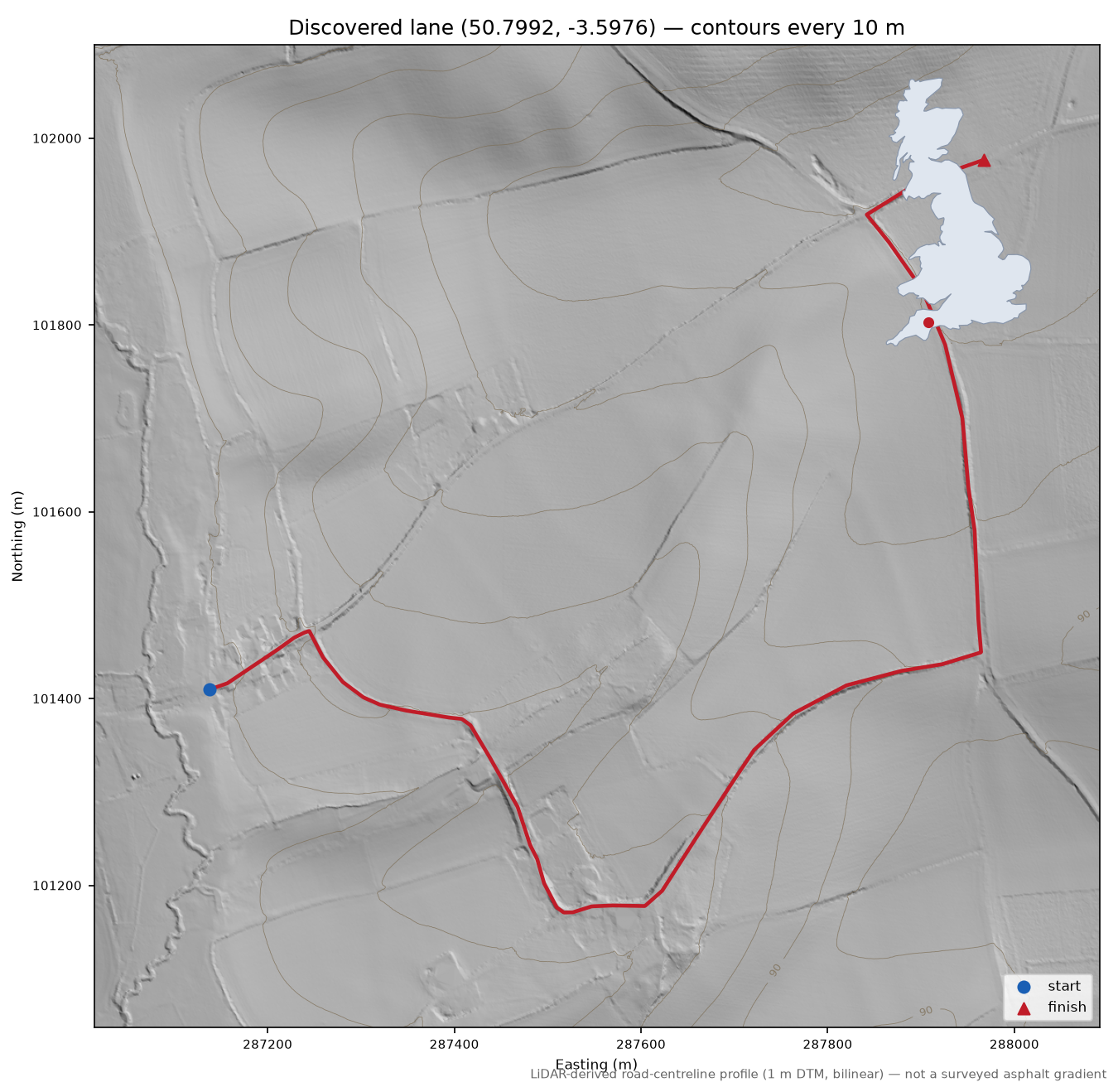 Shobrooke to Uppincott LiDAR hillshade map with contours
