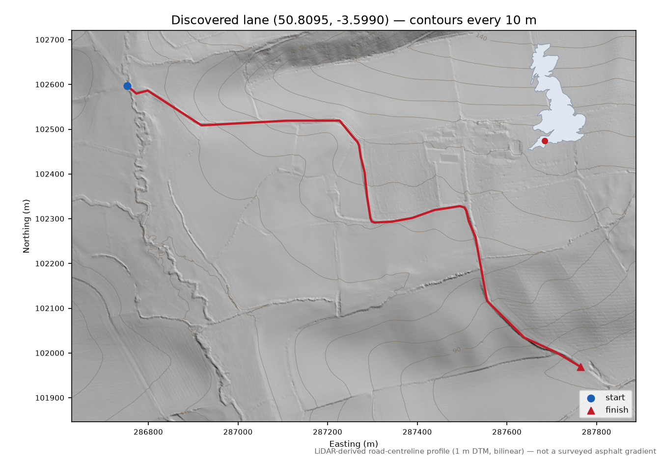 Nomansland to Uppincott LiDAR hillshade map with contours