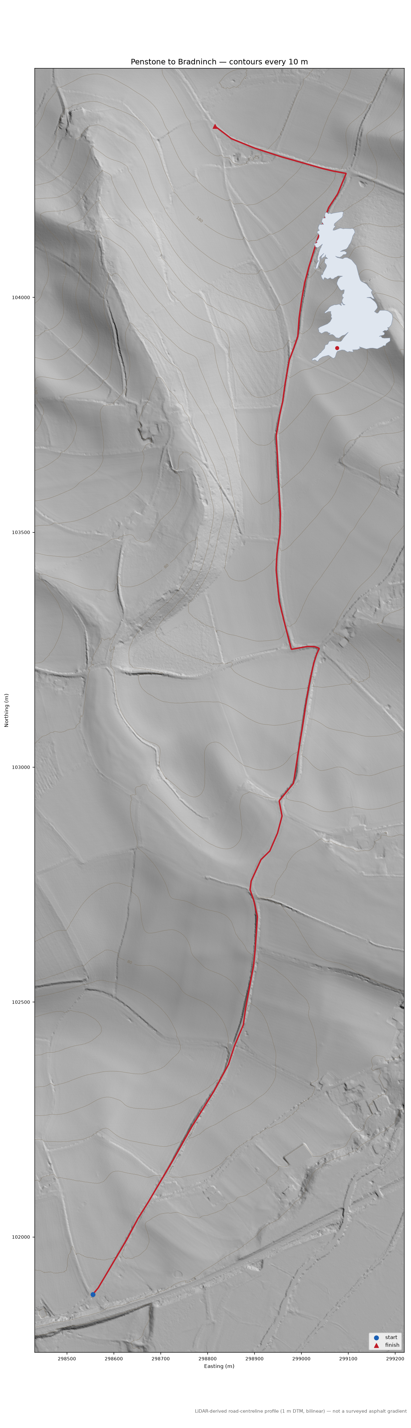 Penstone to Bradninch LiDAR hillshade map with contours