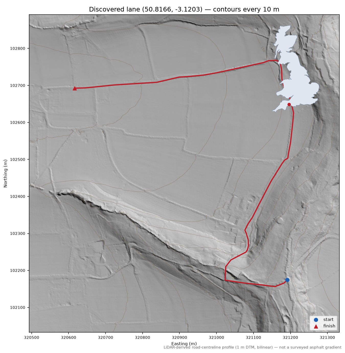Lane near Cotleigh LiDAR hillshade map with contours