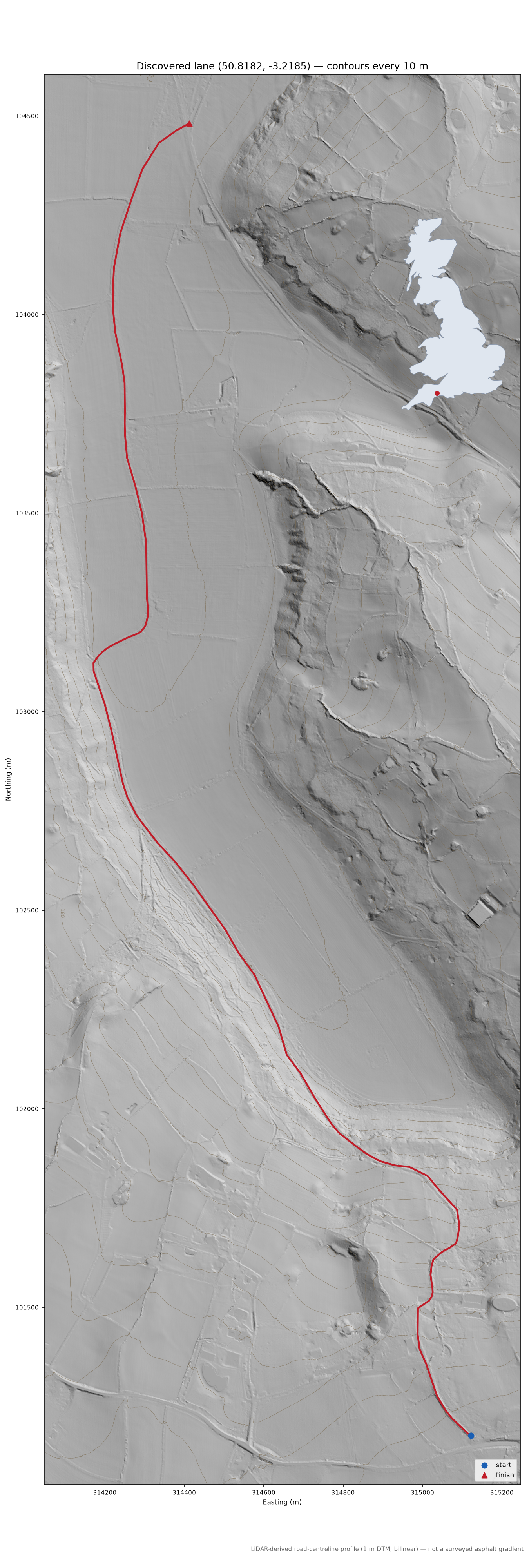 Honiton to Carpenter's Hill LiDAR hillshade map with contours