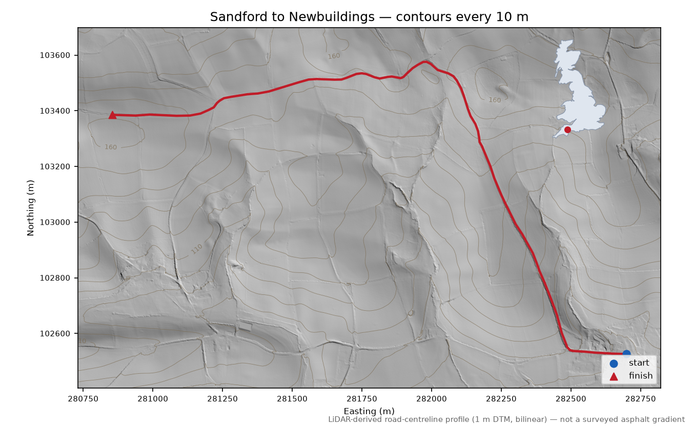 Sandford to Newbuildings LiDAR hillshade map with contours