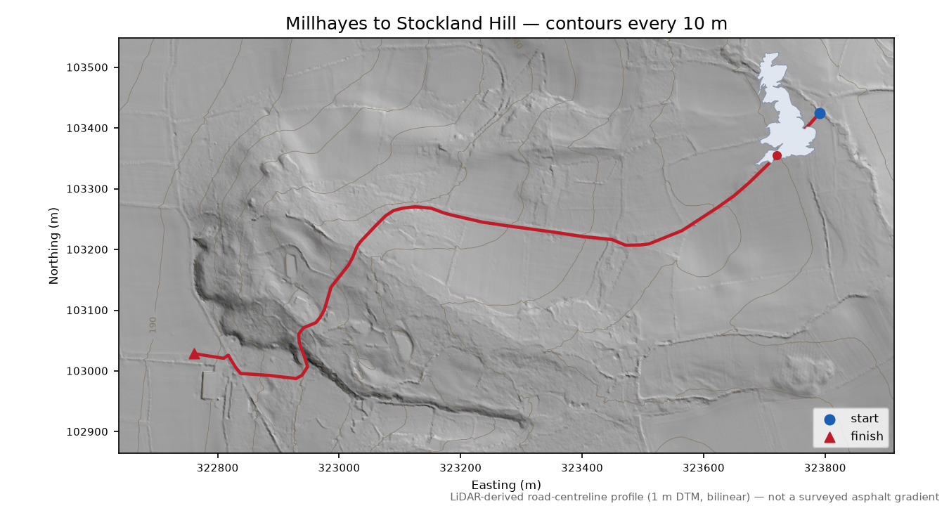 Millhayes to Stockland Hill LiDAR hillshade map with contours