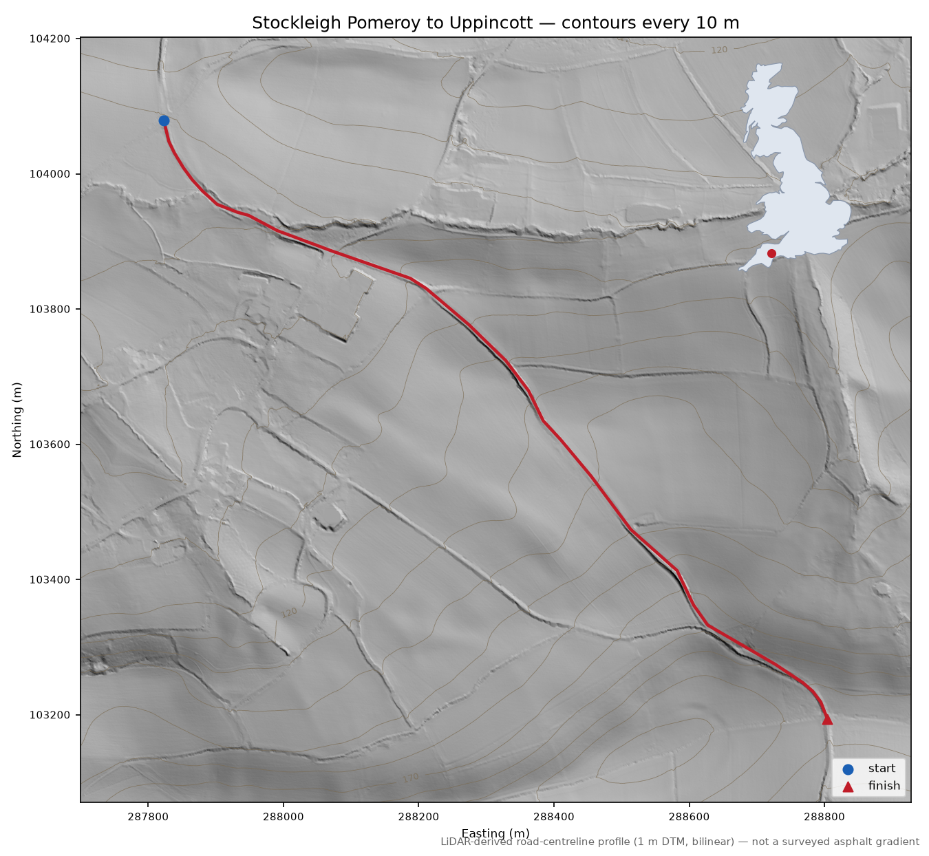 Stockleigh Pomeroy to Uppincott LiDAR hillshade map with contours