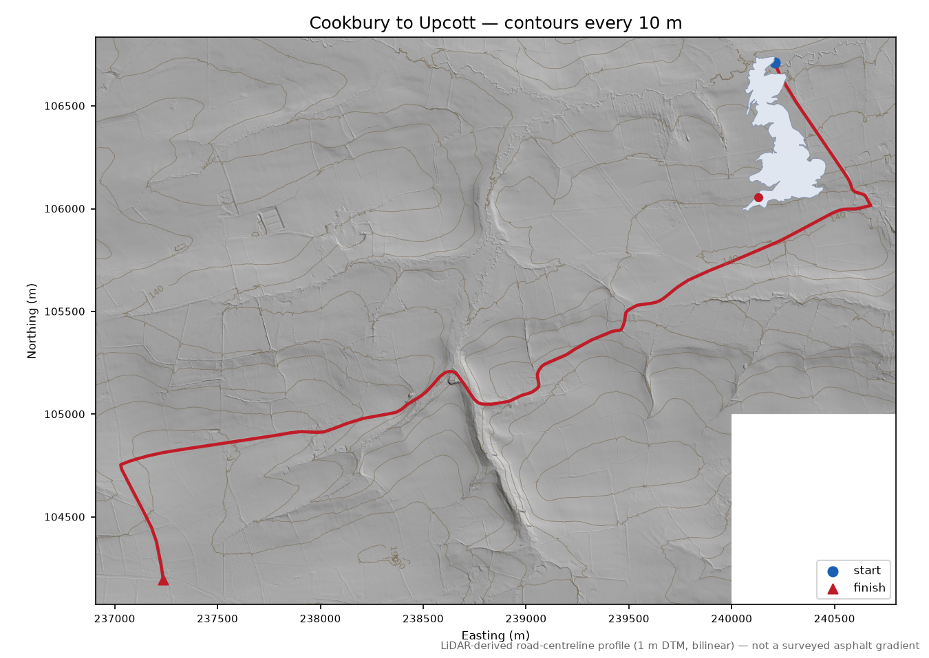 Cookbury to Upcott LiDAR hillshade map with contours