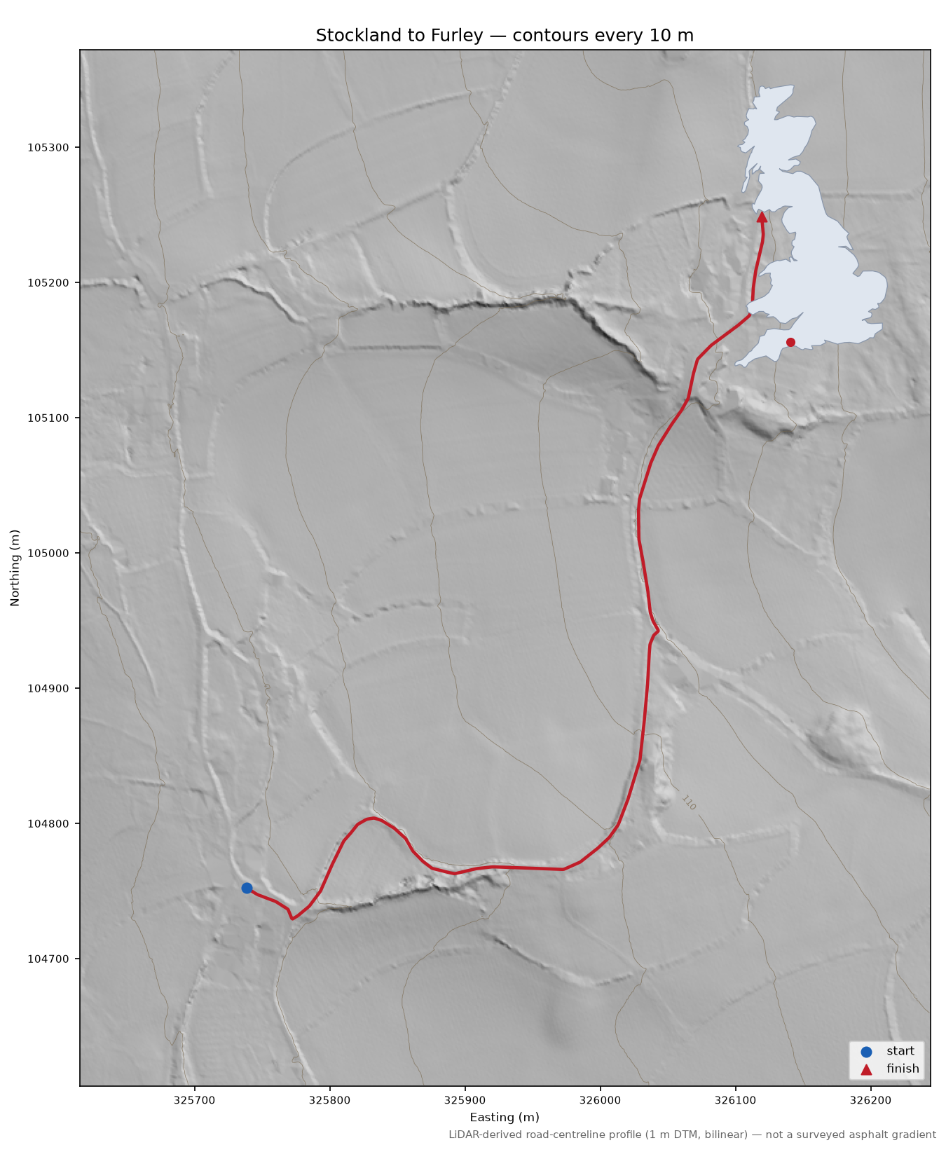 Stockland to Furley LiDAR hillshade map with contours