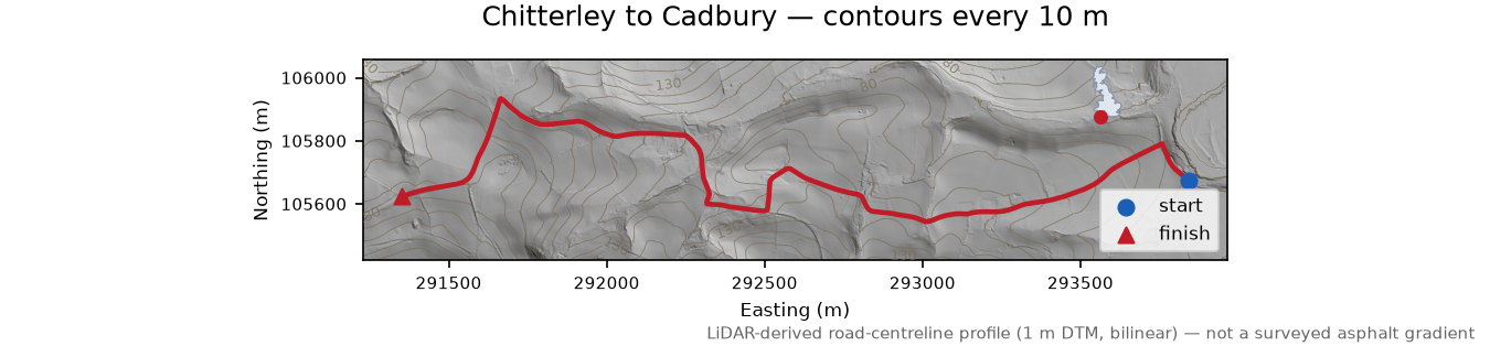 Chitterley to Cadbury LiDAR hillshade map with contours