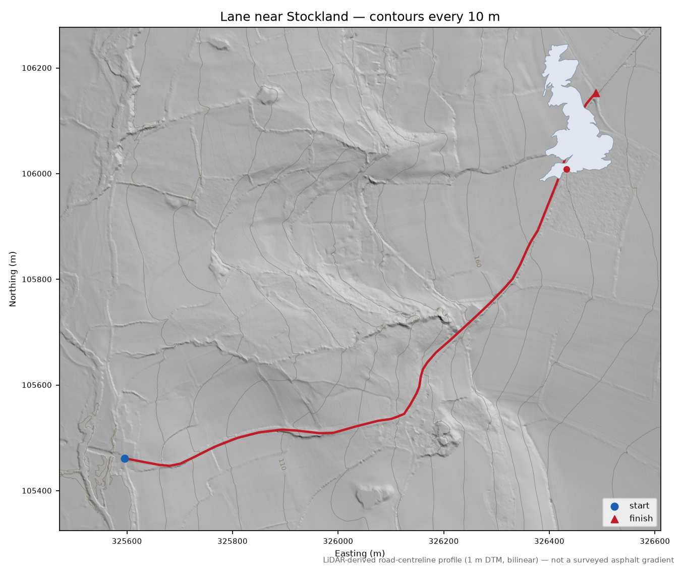 Lane near Stockland LiDAR hillshade map with contours