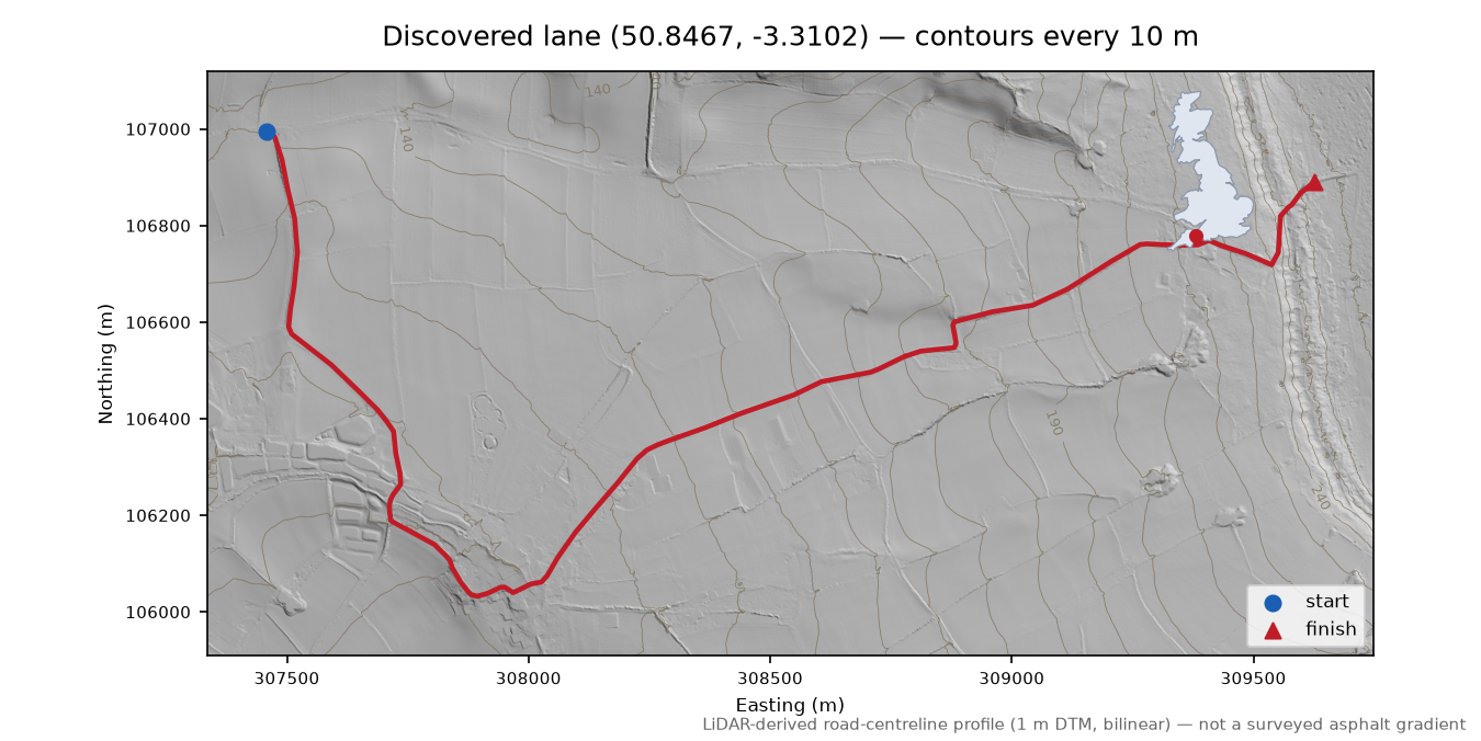 Kerswell to North Hill LiDAR hillshade map with contours