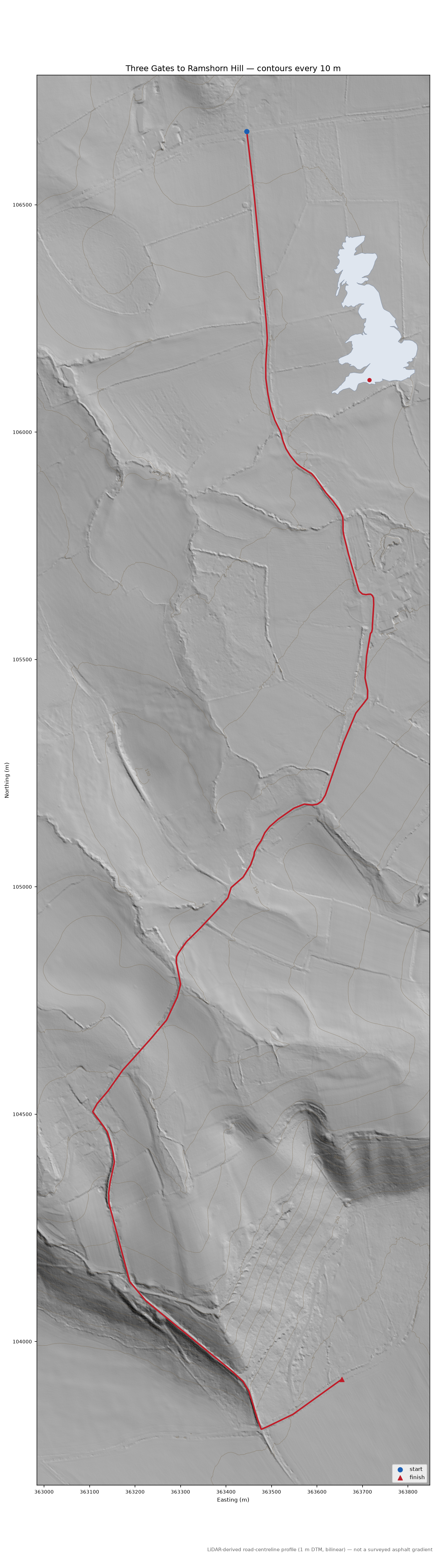 Three Gates to Ramshorn Hill LiDAR hillshade map with contours