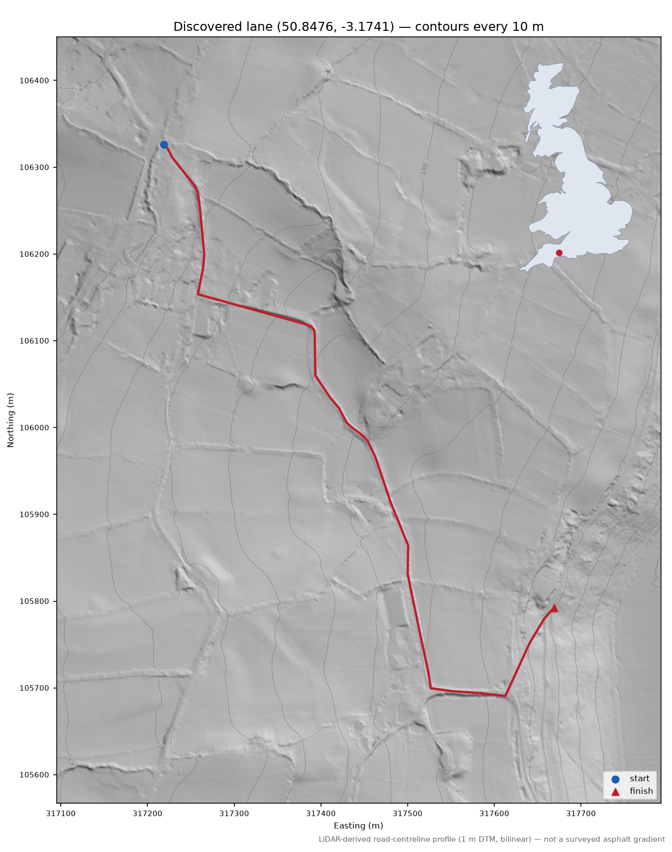 Luppitt to Hartridge LiDAR hillshade map with contours