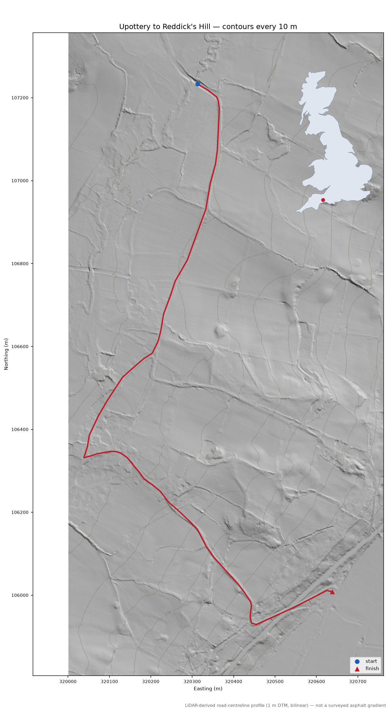 Upottery to Reddick's Hill LiDAR hillshade map with contours