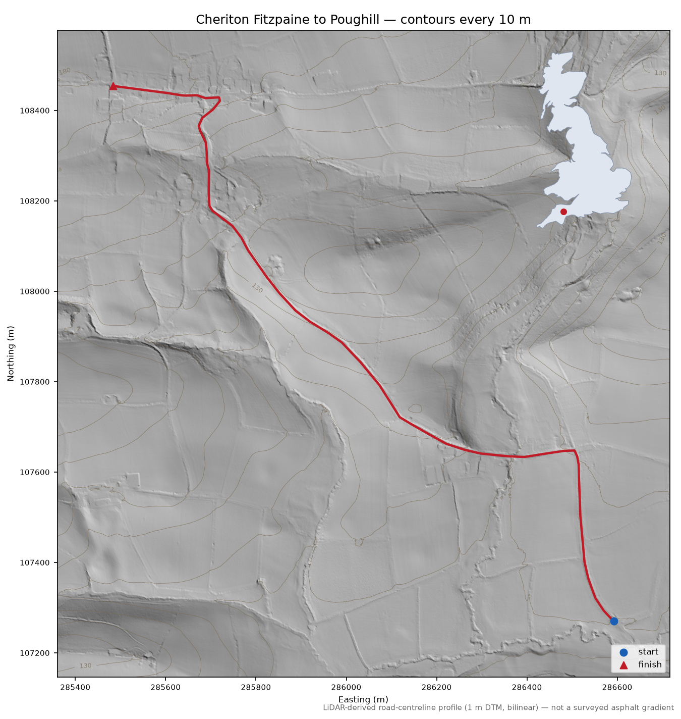 Cheriton Fitzpaine to Poughill LiDAR hillshade map with contours