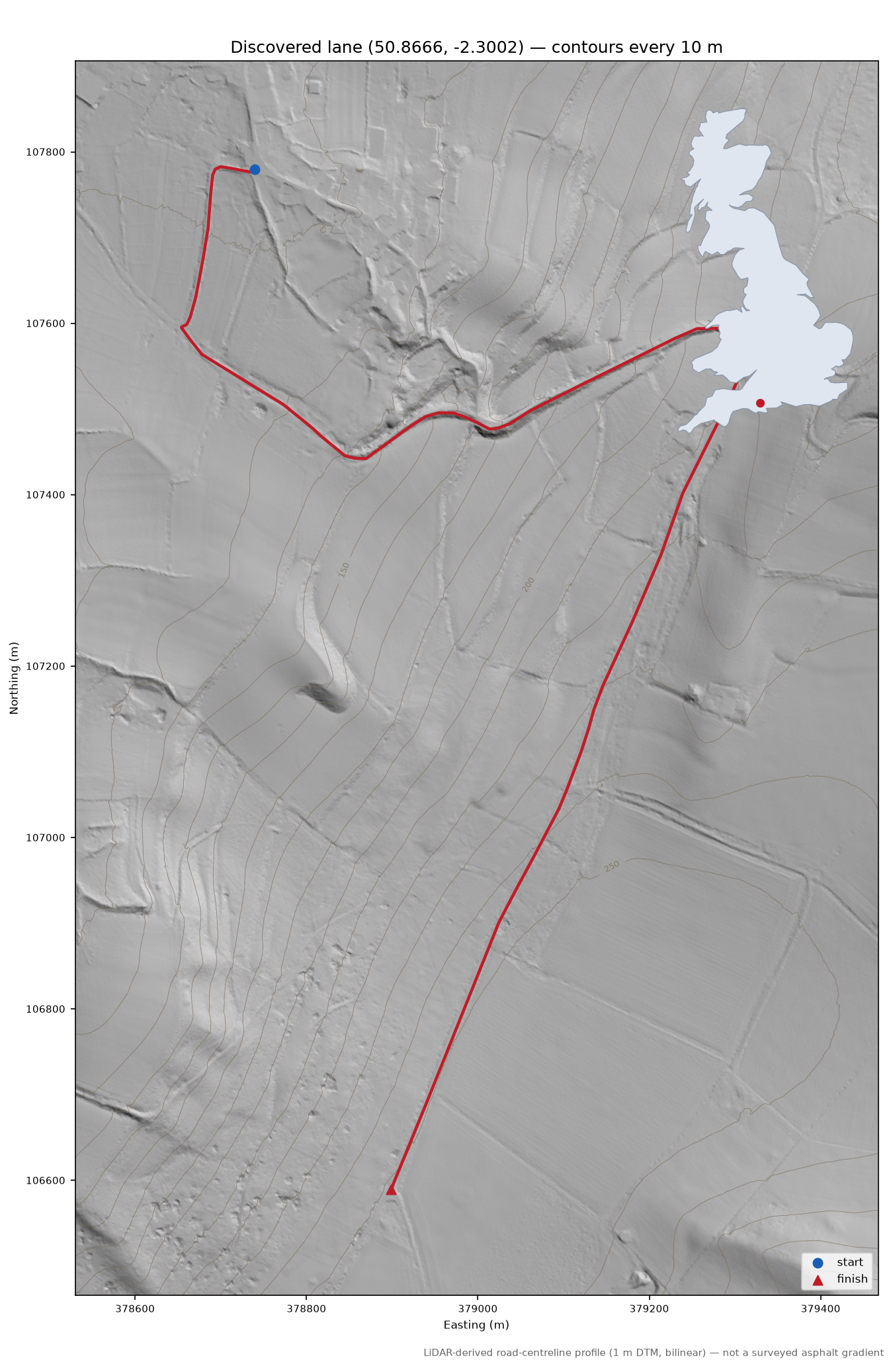 Ibberton to Ibberton Hill LiDAR hillshade map with contours