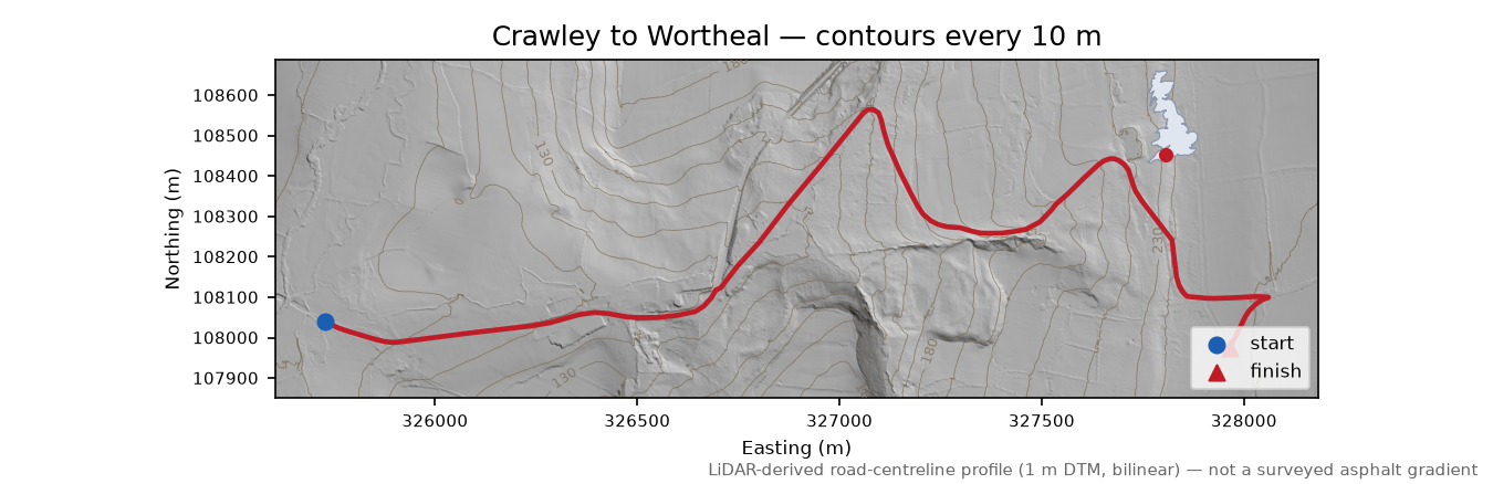 Crawley to Wortheal LiDAR hillshade map with contours