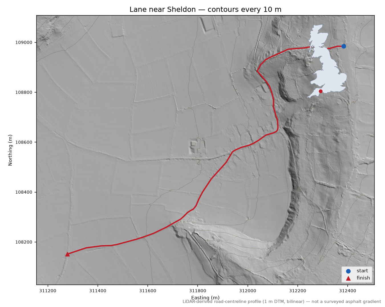 Lane near Sheldon LiDAR hillshade map with contours