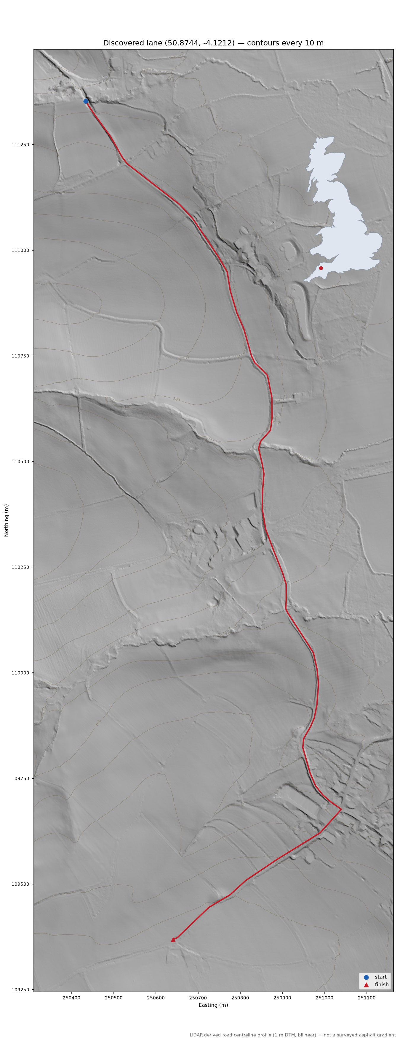Lane near Winswell LiDAR hillshade map with contours