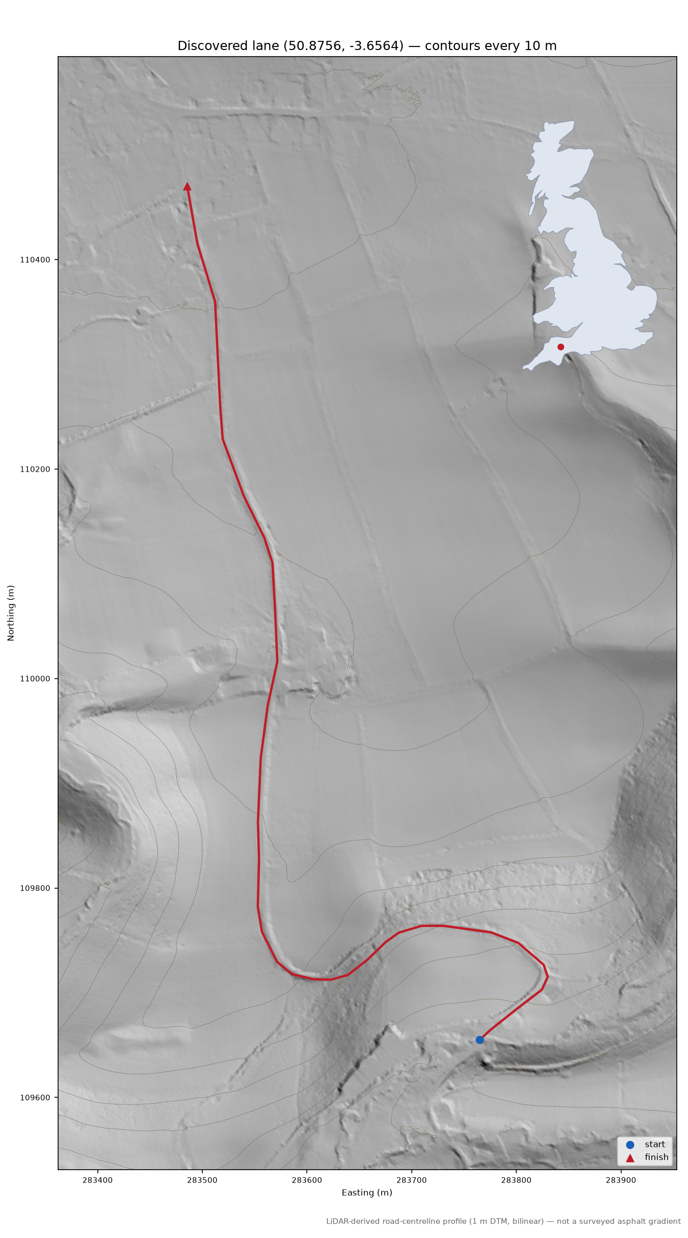 Puddington Bottom to Puddington LiDAR hillshade map with contours