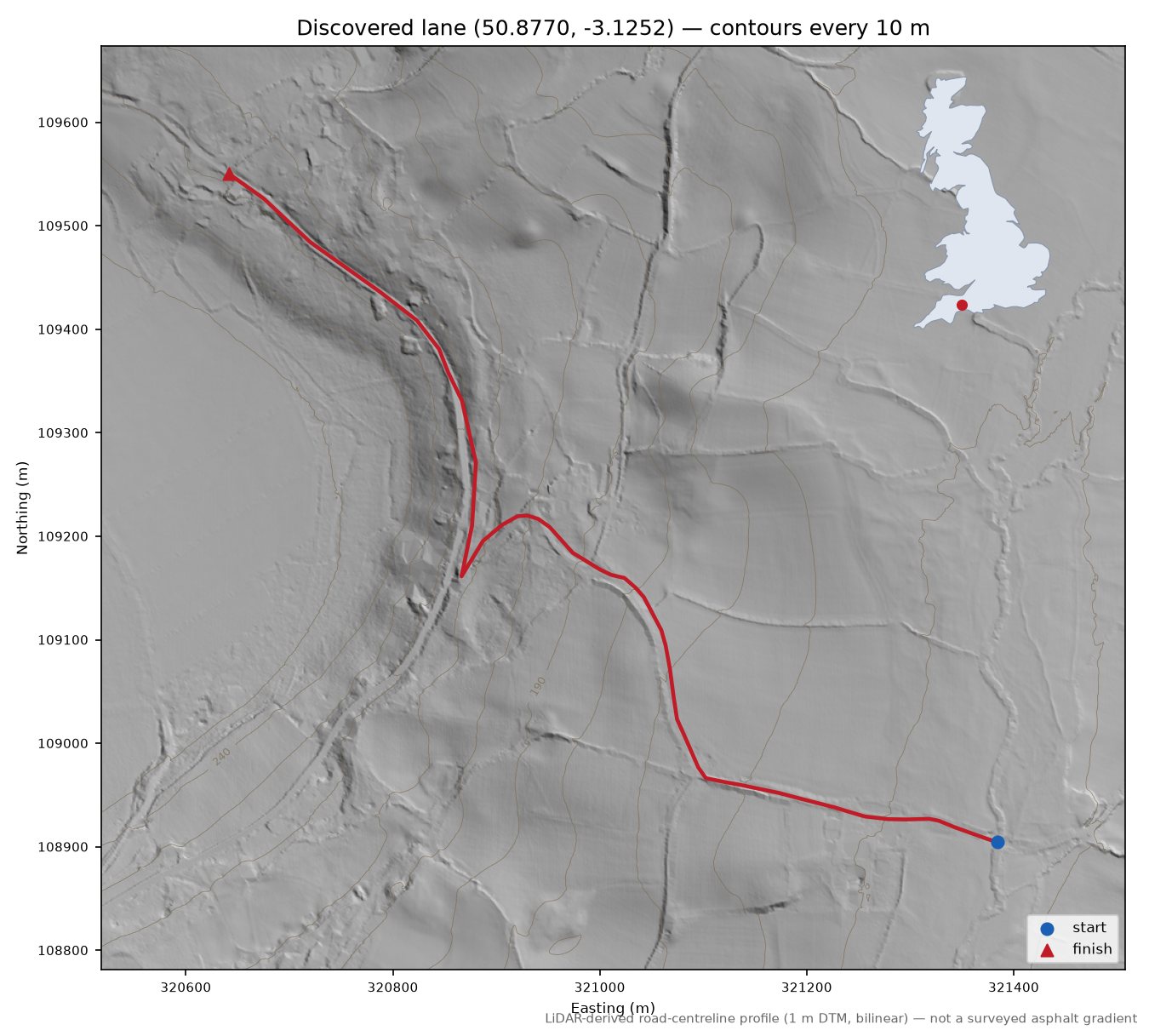 Lane near Upottery LiDAR hillshade map with contours