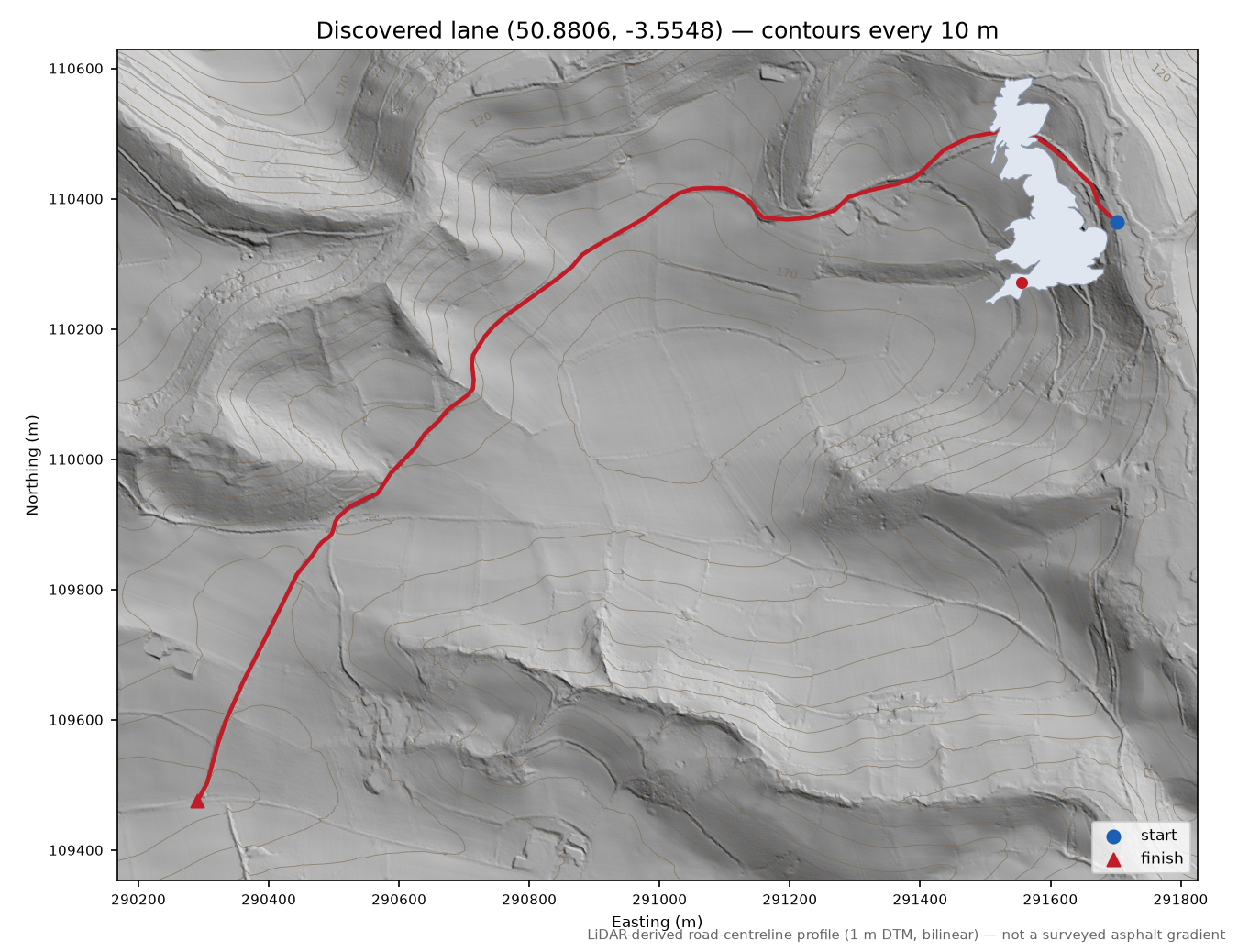 Lane near Well Town LiDAR hillshade map with contours
