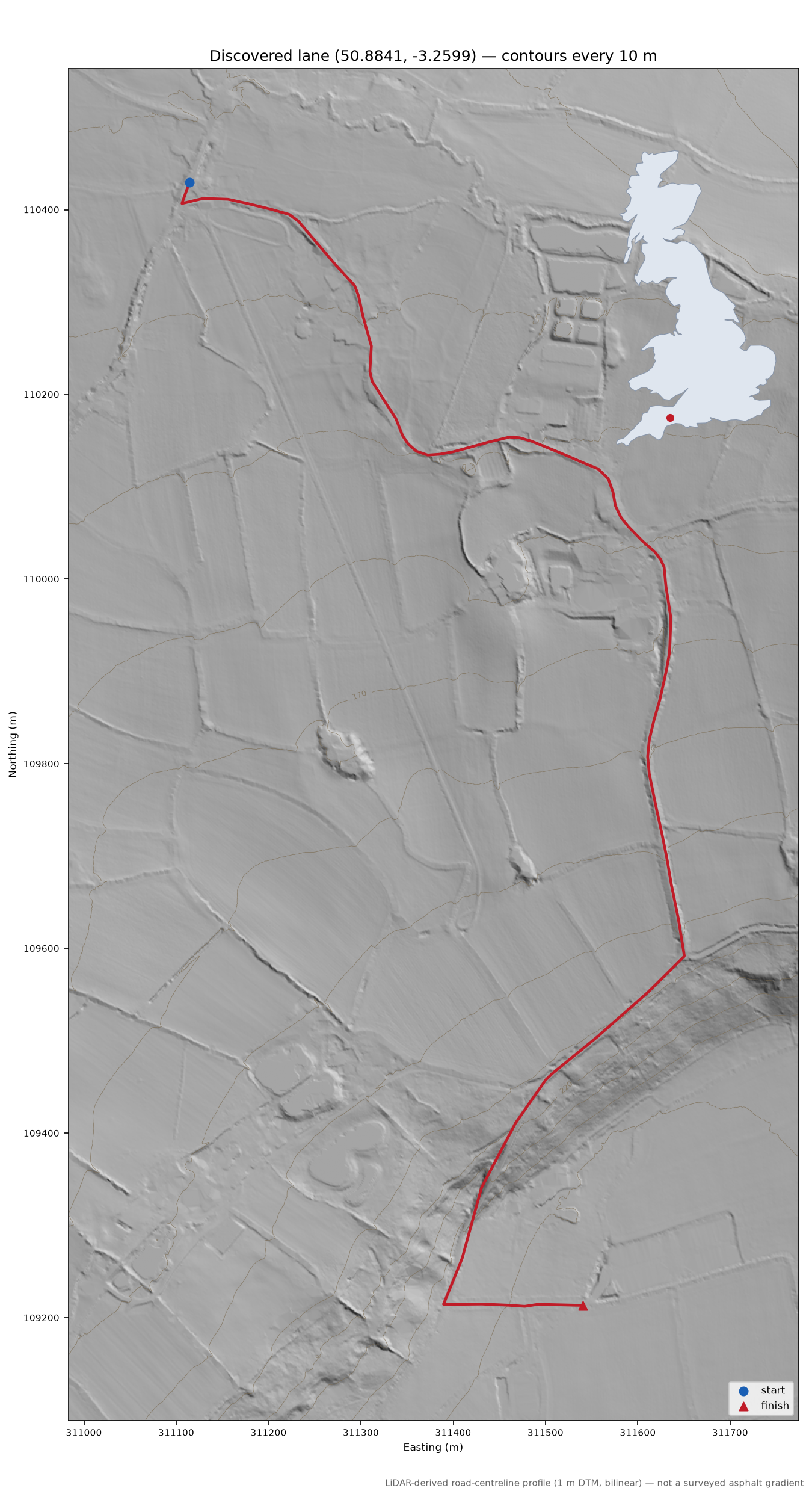 Bodmiscombe to Sheldon Hill LiDAR hillshade map with contours