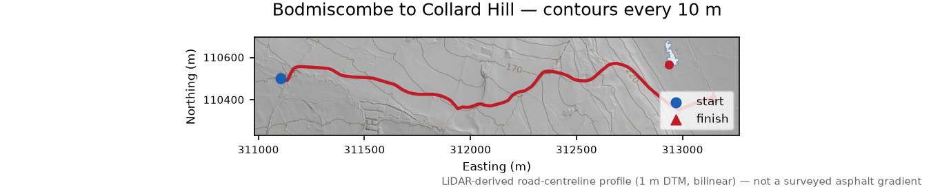Bodmiscombe to Collard Hill LiDAR hillshade map with contours